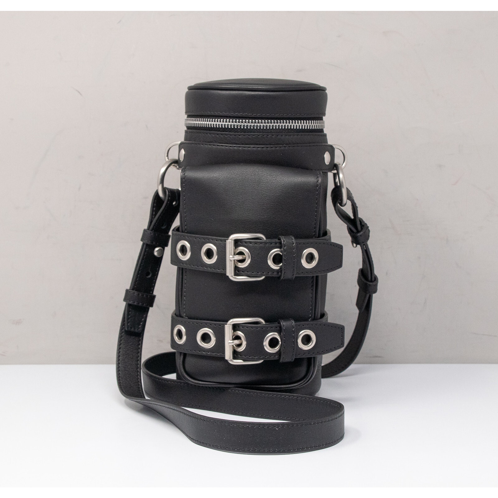 Versace Unisex Black Mini Calfskin Leather Double Buckle Biker Crossbody Bag